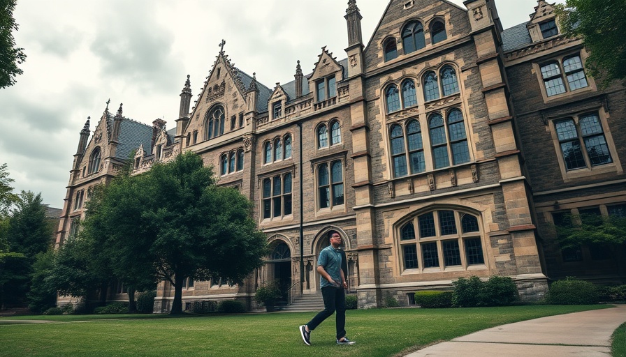 Gothic university building with person walking, immigrants' rights under the Constitution.
