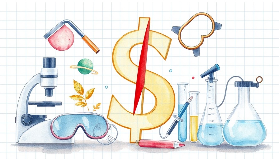 Illustration of grant terminations at UMich, featuring scientific tools and a struck-out dollar sign.