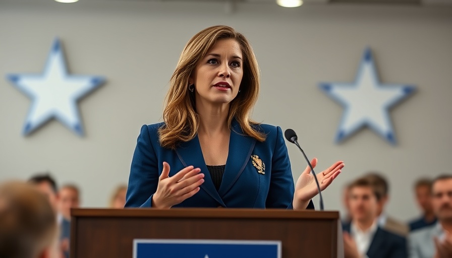 Confident woman at a podium discussing COVID-19 vaccine access in Michigan.