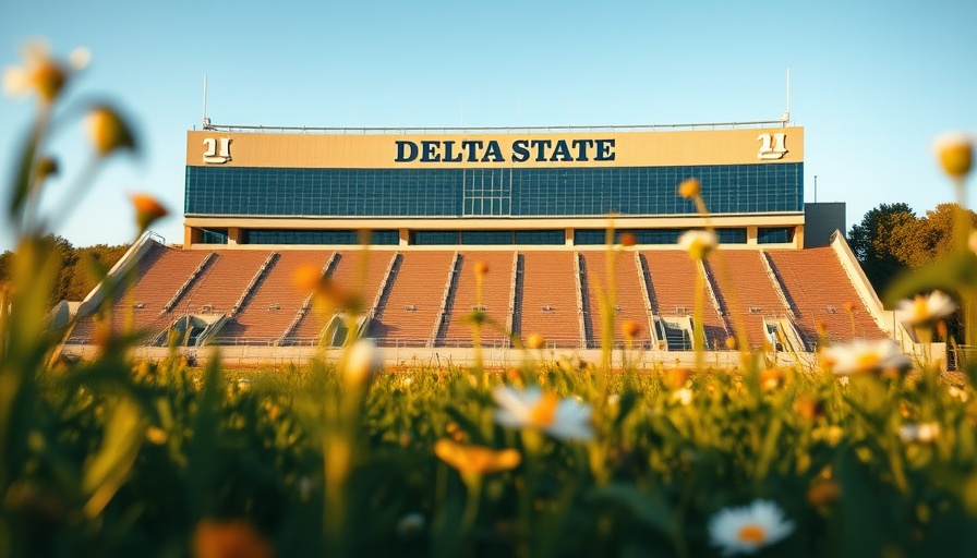 Trey Reed's Death Investigation: Distant view of Delta State stadium surrounded by wildflowers