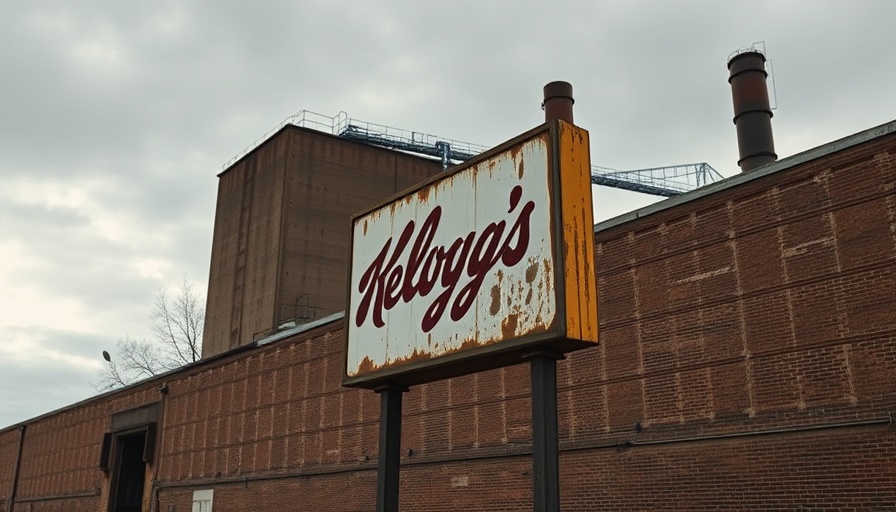Kellogg's sign in front of industrial building, cloudy day.