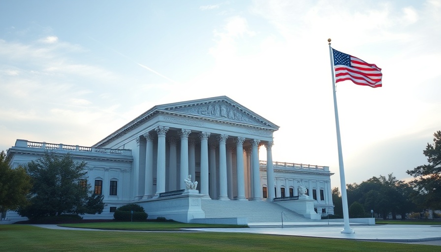 Supreme Court building with American flag symbolizing authority to levy tariffs.