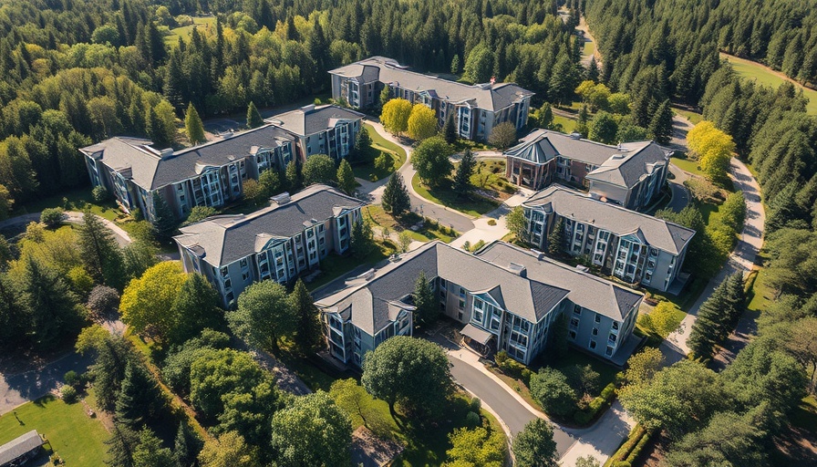 Aerial view of modern senior living community in Ada surrounded by trees.