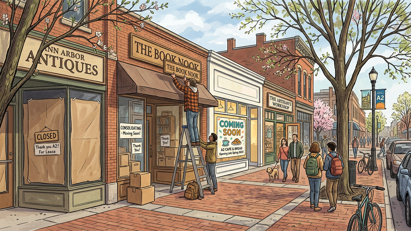 Editorial illustration of Ann Arbor storefront changes: a downtown street scene with a closed shop, a business consolidating, and a hopeful coming-soon storefront in spring daylight.