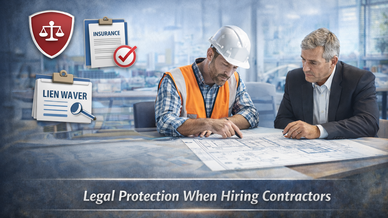 Business owner and construction contractor reviewing architectural plans together while icons representing legal protection, insurance coverage, and contractor documentation appear in the background.