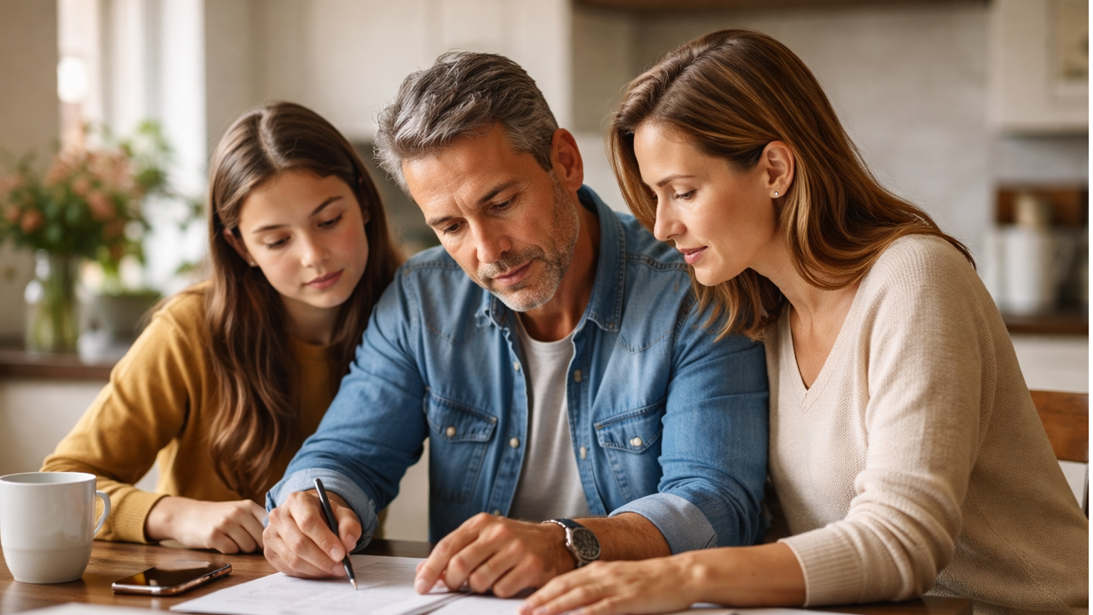 Michigan family reviewing estate planning documents together at a kitchen table, illustrating decisions around wills and trusts.