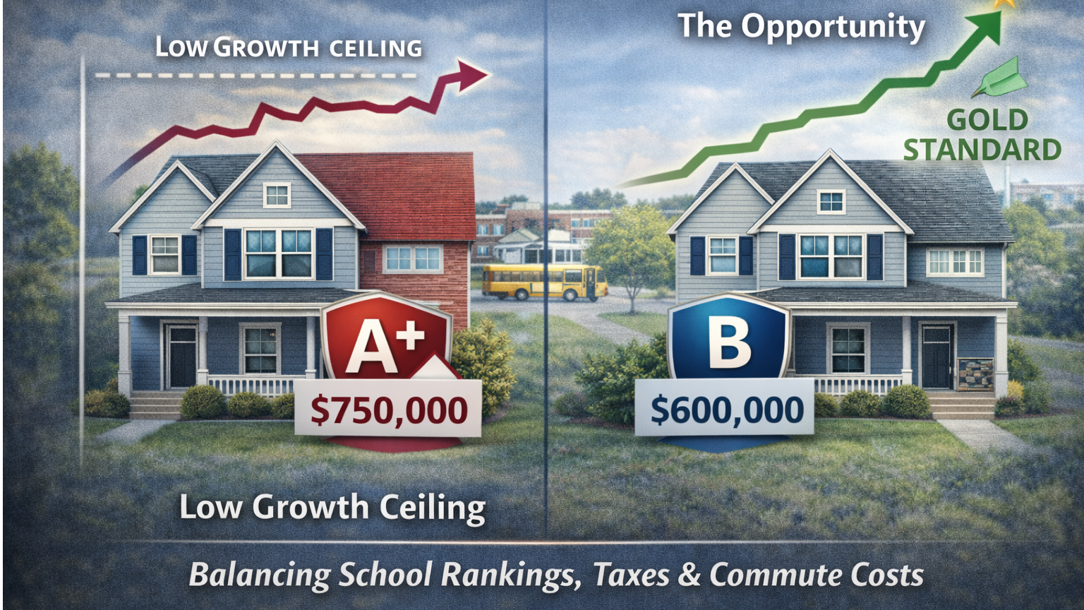 nfographic comparing real estate values based on school rankings. A house in an 'A+' district priced at $750,000 shows a 'low growth ceiling' with a red arrow leveling off. A house in a 'B' district priced at $600,000 shows an upward green arrow toward a 'gold standard,' highlighting the investment opportunity in improving neighborhoods.