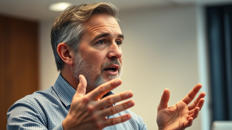 Middle-aged man in an office setting discussing wellness practitioners.