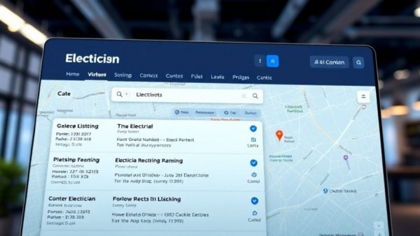 Local electrician search results with map interface, home services digital marketing strategies.