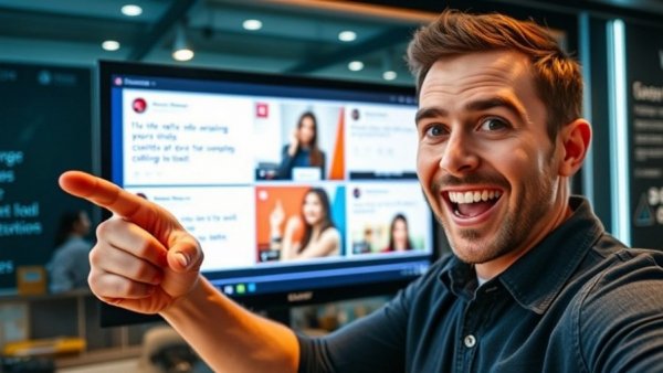 Excited man showcasing video testimonials feature in digital display.