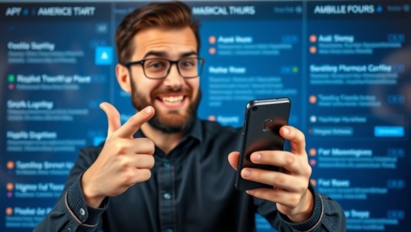 Man showcasing mobile app service for wellness practitioners, app screen visible.