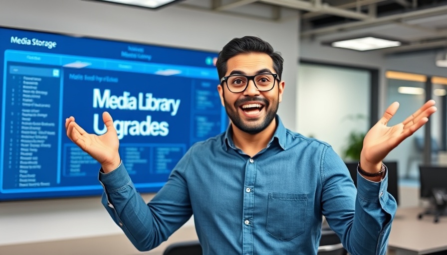 Media Library Upgrades presentation with enthusiastic speaker in an office.