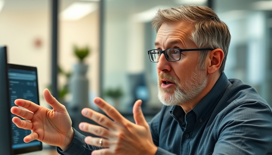 Middle-aged man in office explaining wellness media library enhancements.