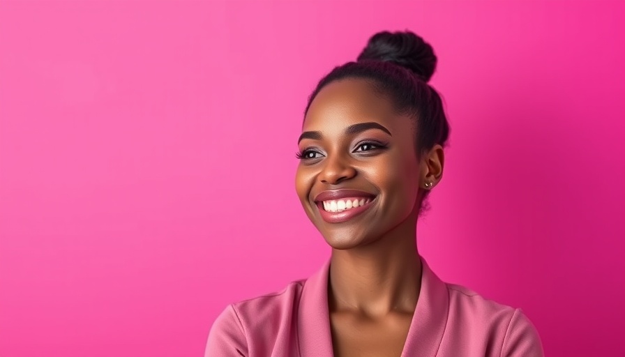 Confident woman smiling, vibrant pink background, teacher burnout thriving group practice