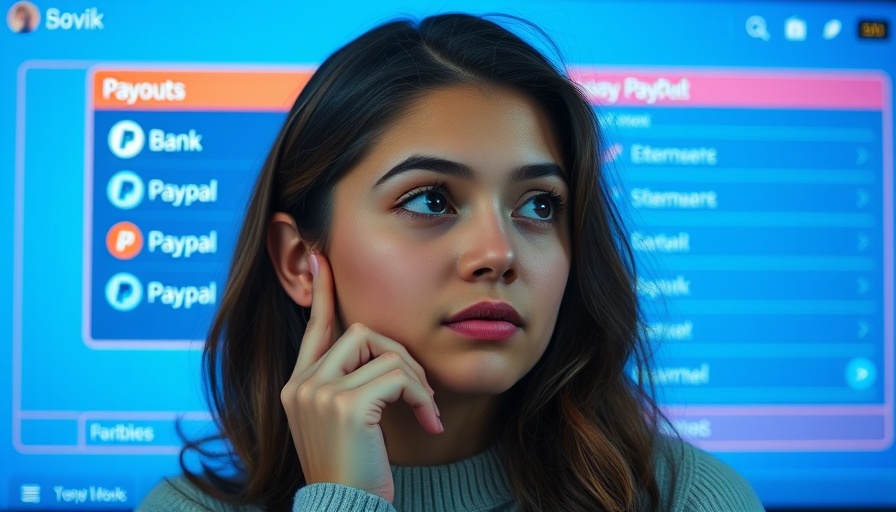 Young woman pondering affiliate payout methods on digital interface.