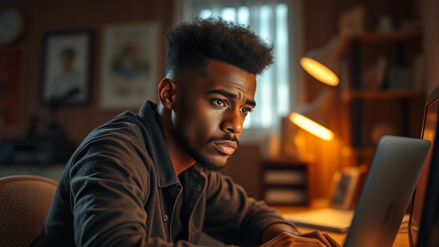 Frustrated Caribbean man in cozy workspace, seeking reliable business internet solutions.