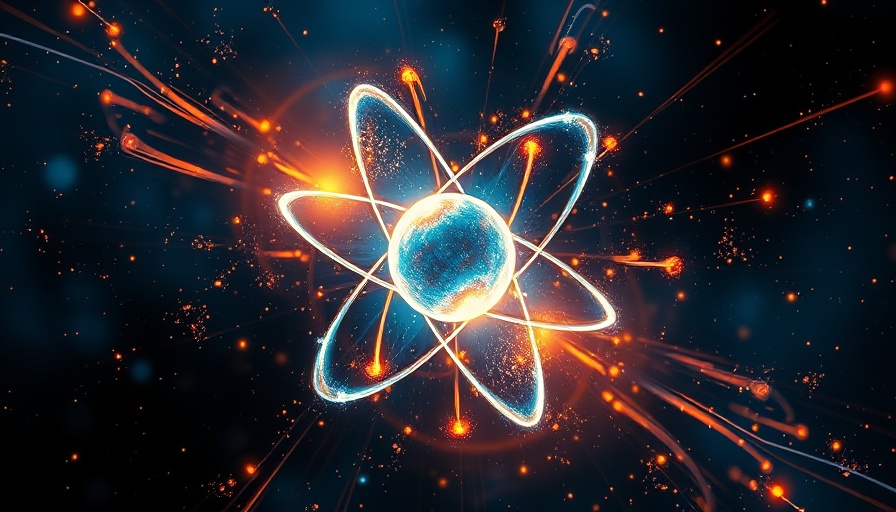 Glowing atom surrounded by particles, cosmic energy concept for URA ETF.