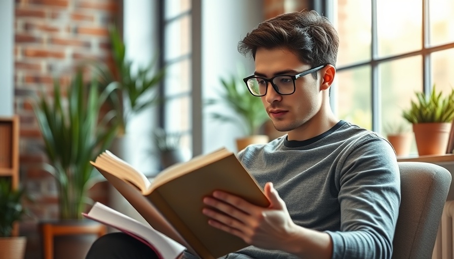 Young man reading in a study room, entrepreneur success stories.