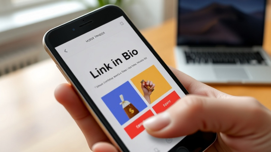 Smartphone showing 'Link in Bio' with buttons, close-up view.