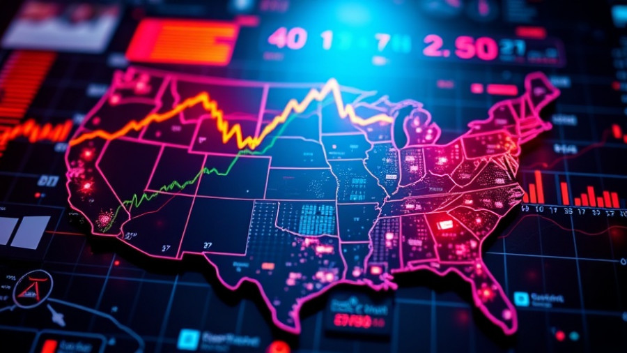 Futuristic USA market analysis with graphs and symbols.