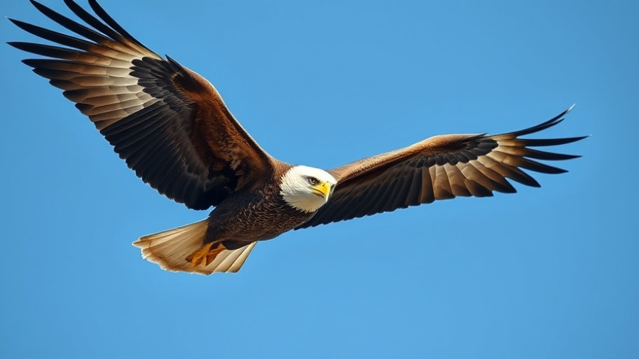 Soaring eagle in flight against blue sky.