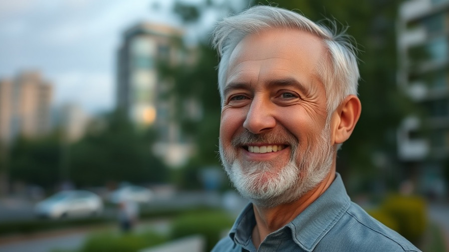 Portrait of a smiling middle-aged person outdoors with soft evening light.