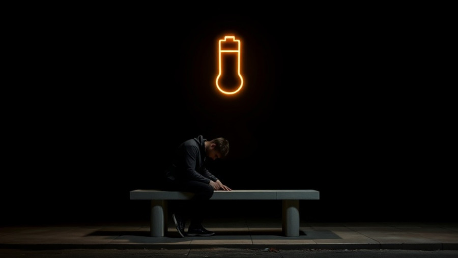 Struggling to achieve work-life balance, a man sits under a low-battery icon.