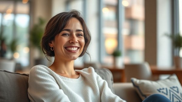 Young woman smiling indoors in a modern setting.
