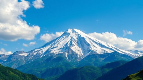 Snow-capped mountain peak over green valleys with blue sky.