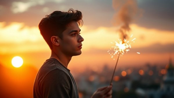 Pensive man with sparkler reflecting on research-backed steps for lasting change.