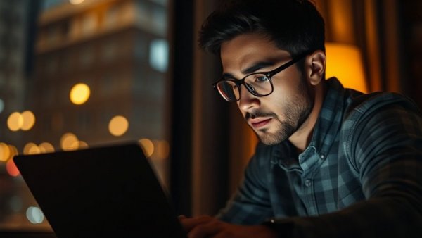 Man choosing a domain name on his laptop at night