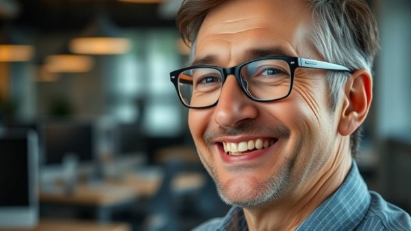 Middle-aged man in office, warm smile, Richtech Robotics USA market analysis.