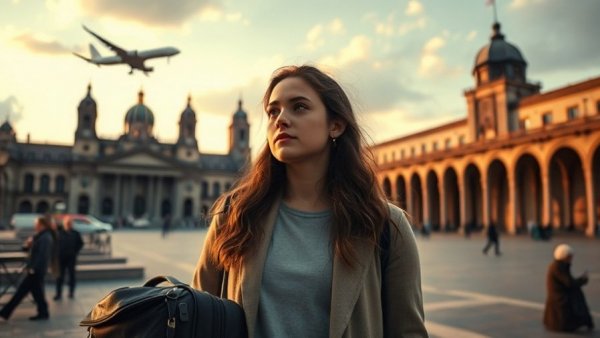Determined young woman at urban plaza, skilled migrants building successful careers.