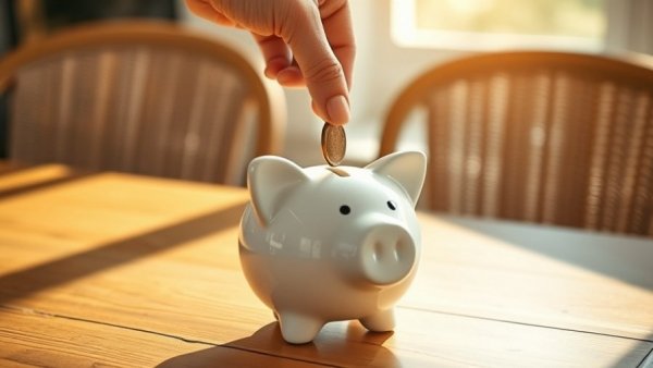 Coin being placed into a white piggy bank, symbolizing investment savings.