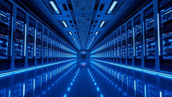 Futuristic data center with glowing server racks.
