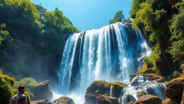 Majestic waterfall with lush greenery under blue sky, Exxon Mobil investment strategy