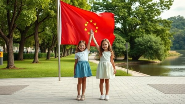 Two girls holding a flag, smiling, outdoors