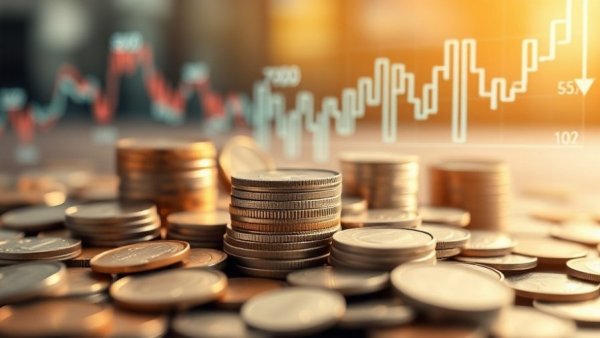 USA market analysis visual illustration with coins and graphs.
