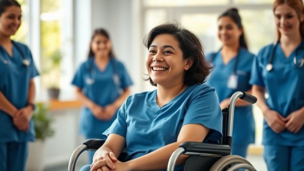 Joyful woman in wheelchair with nurses, NovoCure speculative buy.