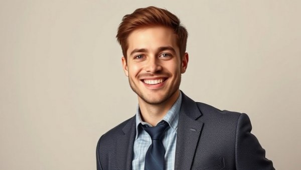 Confident young man smiling, professional headshot in business attire.