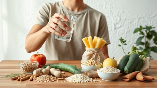 Minimalistic wellness choices depicted with water, vegetables, and supplements.