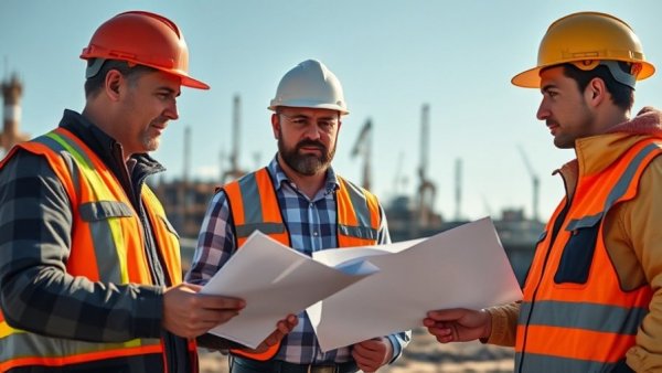 Construction workers discussing project development under bright sky.