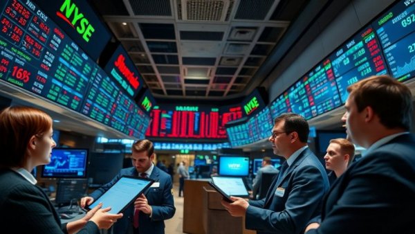 Professionals analyzing data on a vibrant trading floor, USA market analysis.