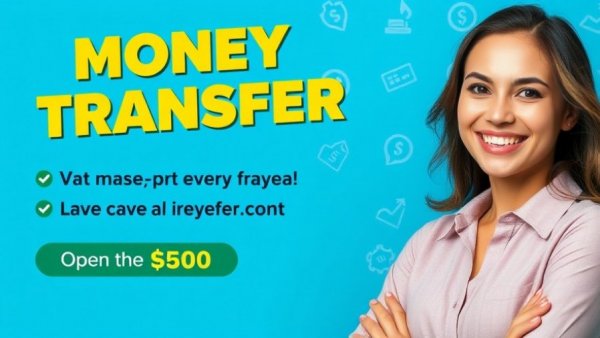 Banner featuring money transfer services with a smiling woman, blue background.