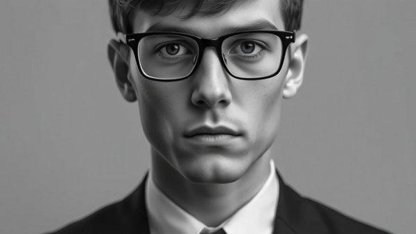 Serious young man in glasses, monochrome portrait.
