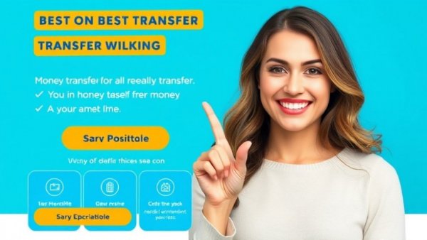 Smiling woman displays money transfers service features with blue background.