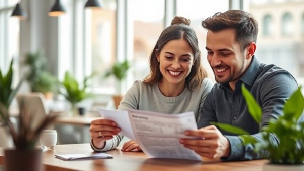 Couple reviewing pay stub using a smart pay stub generator.