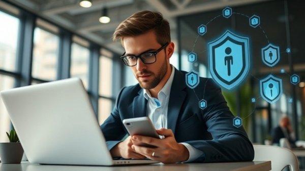 Affordable cybersecurity stack for online business represented by a person using security icons in a modern office.