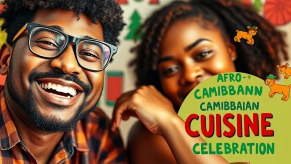 Afro-Caribbean cuisine celebration poster at SOBEWFF with smiling hosts.