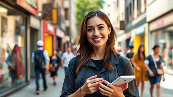 Confident young woman promoting product on a busy urban street.